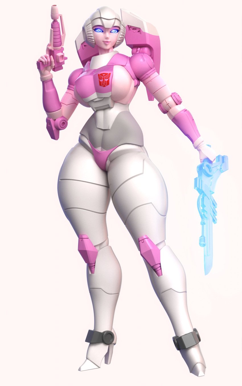 arcee arcee_(g1) big_breasts big_thighs blue_eyes female gun helmet huge_thighs multicolored_body pink_body robot robot_girl robot_humanoid solo solo_female solo_focus sword thick_thighs transformers trawert white_body