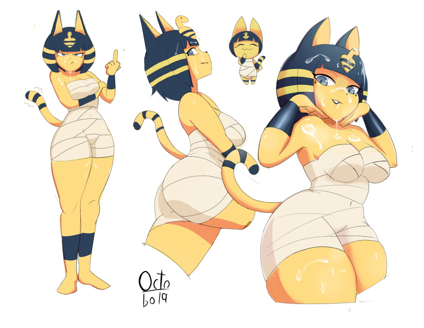 2020 absurd_res animal_crossing ankha ankha_(animal_crossing) anthro ass bangs biped black_lips black_nose blue_hair bob_cut bodily_fluids bodysuit breasts chibi clothed clothing compression_artifacts cum cum_in_hair cum_on_chest cum_on_face cum_on_leg cum_on_lips domestic_cat eyeliner felid feline felis female form_fitting frown frowning_at_viewer genital_fluids gesture hair hand_under_chin hi_res lips looking_at_viewer makeup mammal markings medium_breasts middle_finger multiple_images narrowed_eyes navel_outline nintendo octobola open_mouth open_smile pose signature simple_background skinsuit smile solo standing striped_markings striped_tail stripes tail tail_markings tail_motion thick_thighs tight_clothing uraeus white_background wide_hips wraps