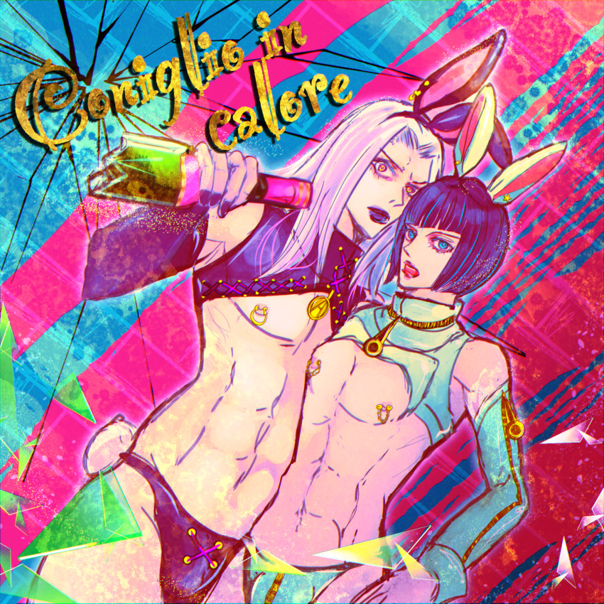 2boys bruno_buccellati bunny_boy bunny_ears bunny_tail bunnysuit crossdressing duo italian_text jojo's_bizarre_adventure leone_abbacchio male male/male male_only vento_aureo