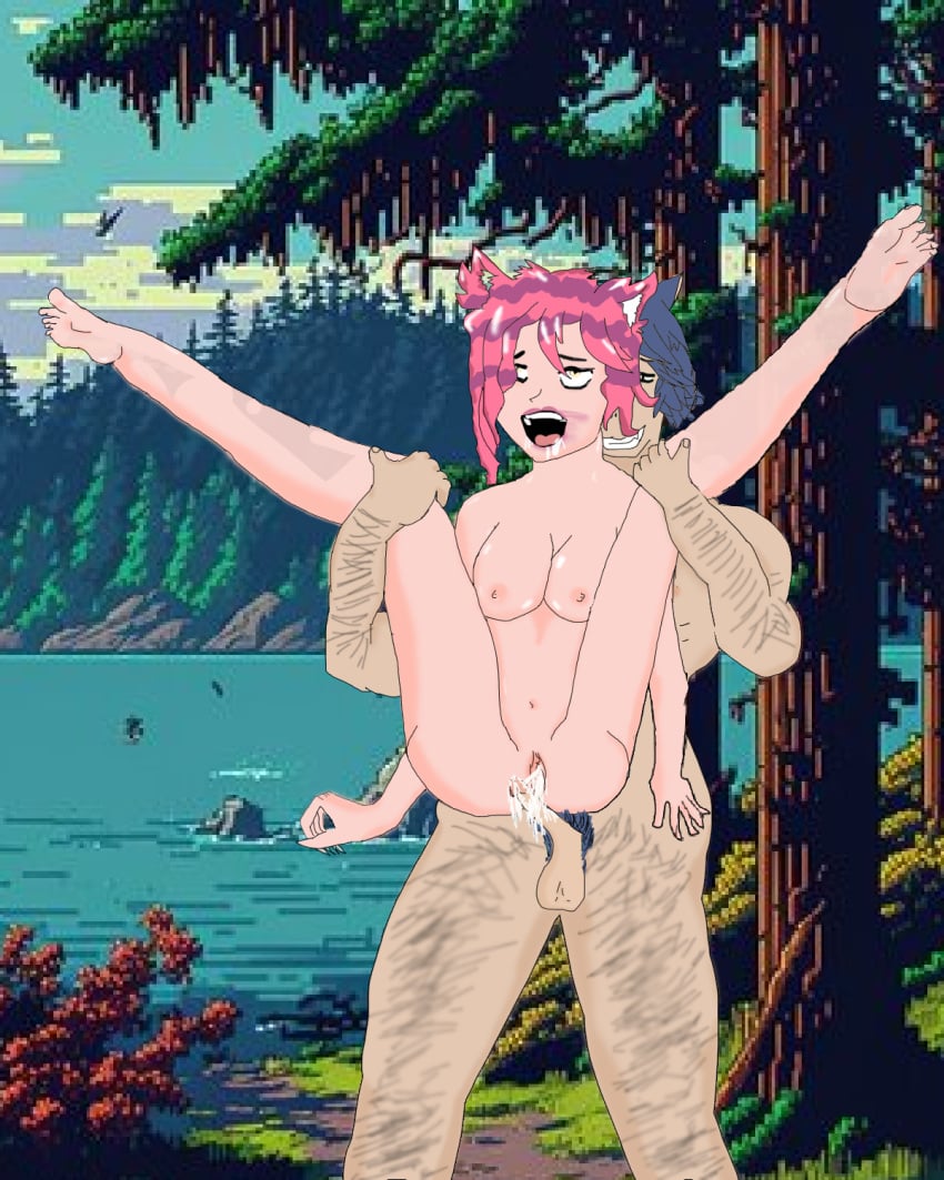 1boy 1girls after_sex after_vaginal anus areolae balls barefoot breasts carrying cat_ears cat_humanoid cum donovan drooling female foot_focus hand_on_hip kitty_(sun_haven) medium_breasts nakadashi outdoor_sex outdoors pink_hair self_upload sex_in_forest smeared_lipstick stand_and_carry_position standing_sex sun_haven thighs toes vaginal_penetration