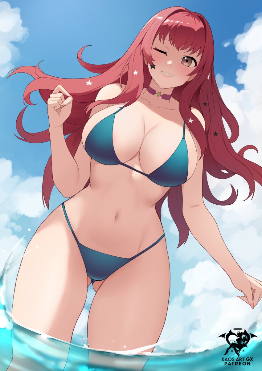 1girls alternate_costume ass_visible_through_thighs bare_arms bare_shoulders bikini blue_bikini blue_sky blue_swimsuit brown_eyes cloud commentary cowboy_shot day female female_only fire_emblem fire_emblem_engage grin hand_up highres kaos_art long_hair looking_at_viewer navel nintendo one_eye_closed red_hair sky smile solo standing stomach swimsuit thighs very_long_hair wading water yunaka_(fire_emblem)