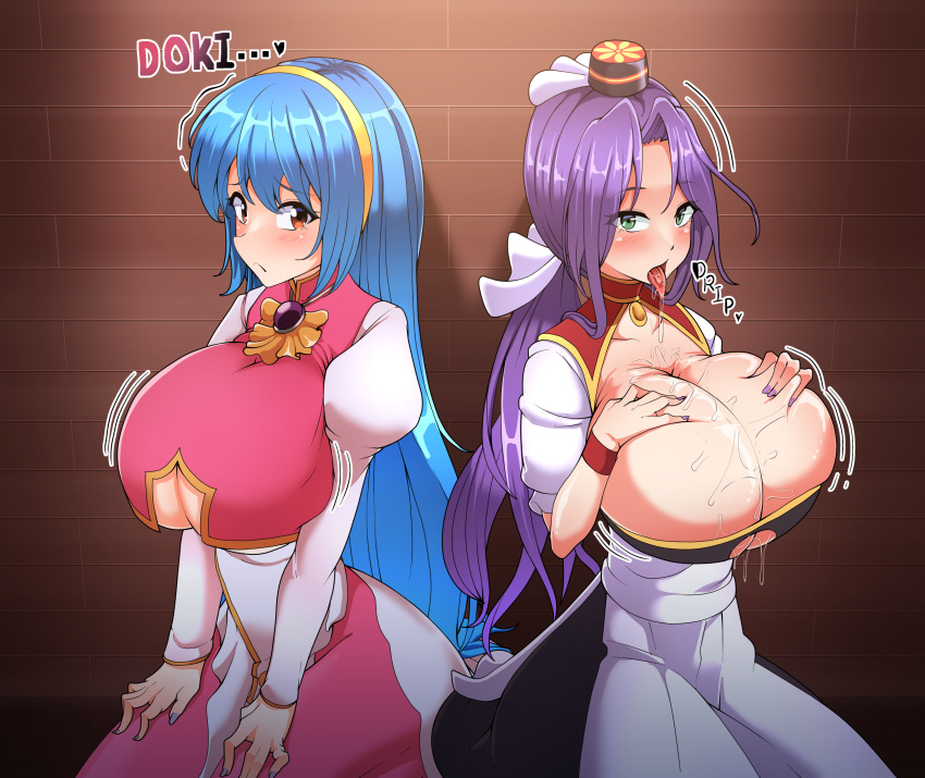 2girls armlet ass blue_hair blue_nail_polish blue_nails blush blush breasts brown_eyes buuta_(densya101) cleavage cleavage_cutout crossover cynthia_(ys) dress falcom female female_focus female_only green_eyes hairband hat huge_ass huge_breasts jewelry large_ass large_breasts long_hair lufia mini_hat nail_polish naughty_face necklace open_mouth paizuri_invitation pendant ponytail puffy_sleeves purple_hair saliva sash sitting sweat tia tied_hair tongue tongue_out very_long_hair wall worried ys