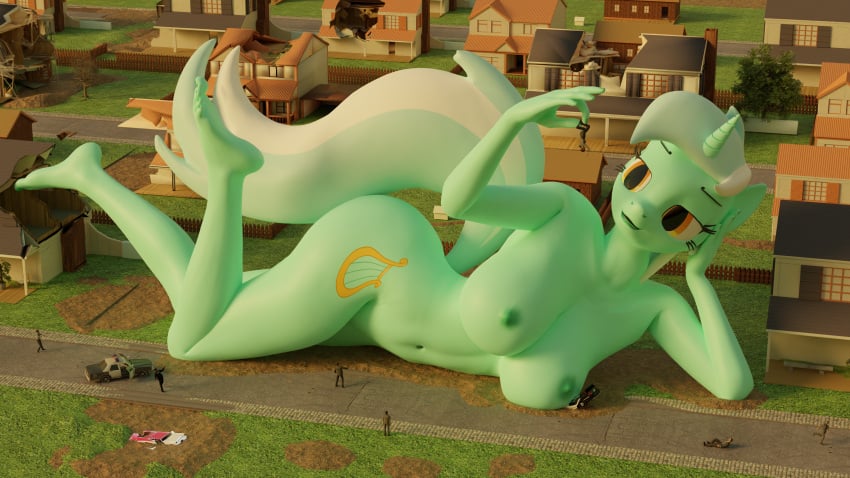 3d 3d_(artwork) absurd_res anthro breasts car city cutie_mark destruction electricbug43 equid equine feet female friendship_is_magic giantess green_body hasbro hi_res hips horn human humanoid laying_down legs lyra_heartstrings_(mlp) macro mammal my_little_pony navel nipples orange_eyes soles solo tail thighs toes unicorn vehicle