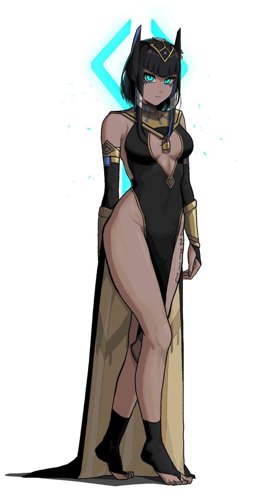 bare_legs barefoot big_breasts black_hair blue_eyes bob_cut dark-skinned_female egyptian egyptian_clothes egyptian_female feet glowing_eyes gogalking insact long_legs oc one_piece_suit original_character short_hair skirt slim_waist socks thick_thighs wide_hips