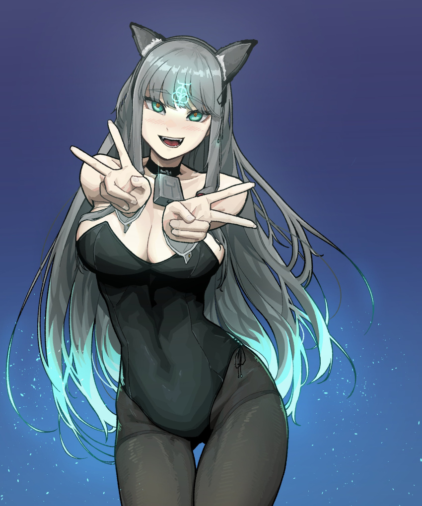 belly_button big_breasts blue_eyes blush bunny_costume bunny_girl bunnysuit choker cleavage double_v female furry_ears gogalking grey_hair insact leotard locker long_hair looking_at_viewer pantyhose peace_sign runes slim_waist smiling_at_viewer teenager tight_clothing tight_fit v v_sign wide_hips