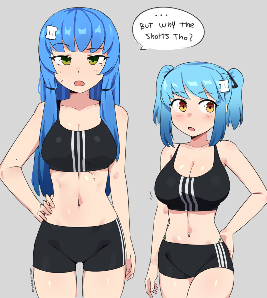 2girls artist_name big_breasts blue_hair breasts busty character_request cleavage english_text green_eyes hand_on_hip highres ii_(peps_art) large_breasts legs long_hair looking_at_viewer medium_support_(meme) meme midriff multiple_girls navel navel_piercing open_mouth peps_art piercing pose posing short_hair shorts sports_bra thighs thong twintails yellow_eyes