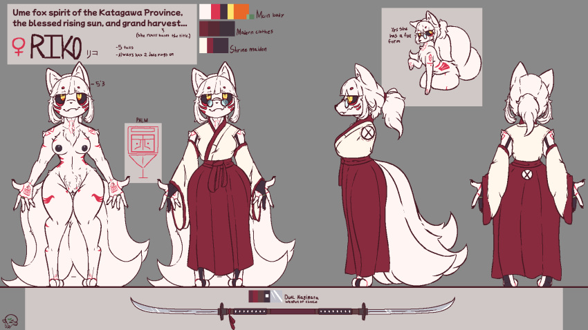 anthro asian_clothing botanics breasts canid canine clothing east_asian_clothing eyewear female feral fox fur fur_markings genitals glasses hi_res japanese_clothing kimono mammal markings melee_weapon model_sheet multi_tail nipples pussy solo sword tagme tail weapon white_body white_fur