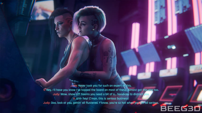 2girls 3d arcade beeg3d cd_projekt_red clothed cyberpunk_2077 green_hair groping groping_breasts groping_from_behind judy_alvarez lesbian light-skinned_female purple_hair tattoo tattoos v_(cyberpunk_2077) valerie_(cyberpunk_2077) yuri