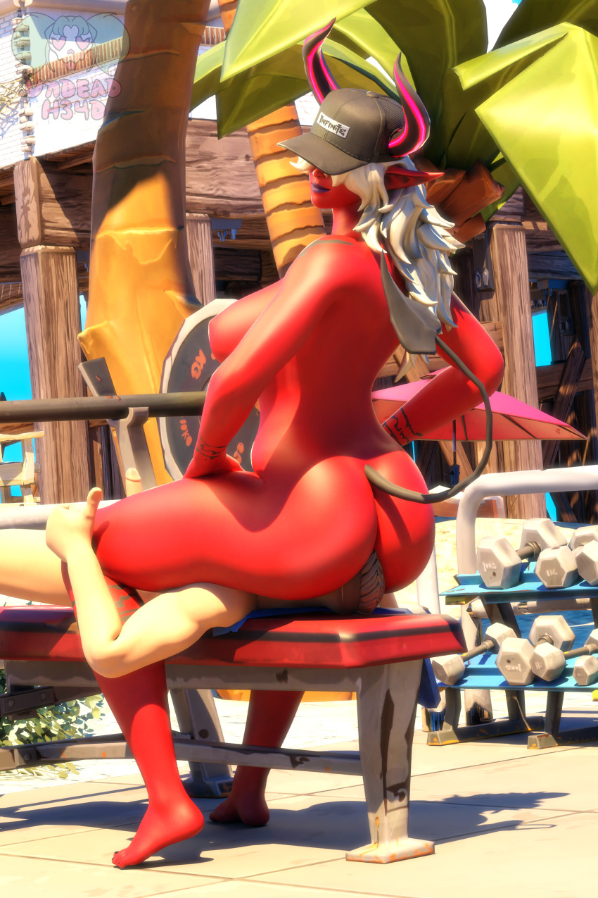 3d beach blender demon demon_girl demon_horns demon_tail desdemona_(fortnite) facesitting femdom fortnite gym hair_over_eyes horns outdoors public public_nudity thumbs_up undead_h34d