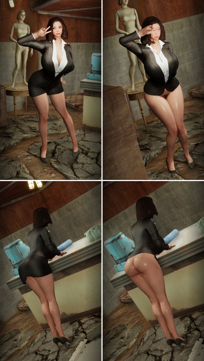 ass ass_focus bending_over bethesda_softworks bottomless child_bearing_hips emotrashcan fallout hiding_face lawyer nervous no_panties office_lady suit thick_thighs vault_dweller