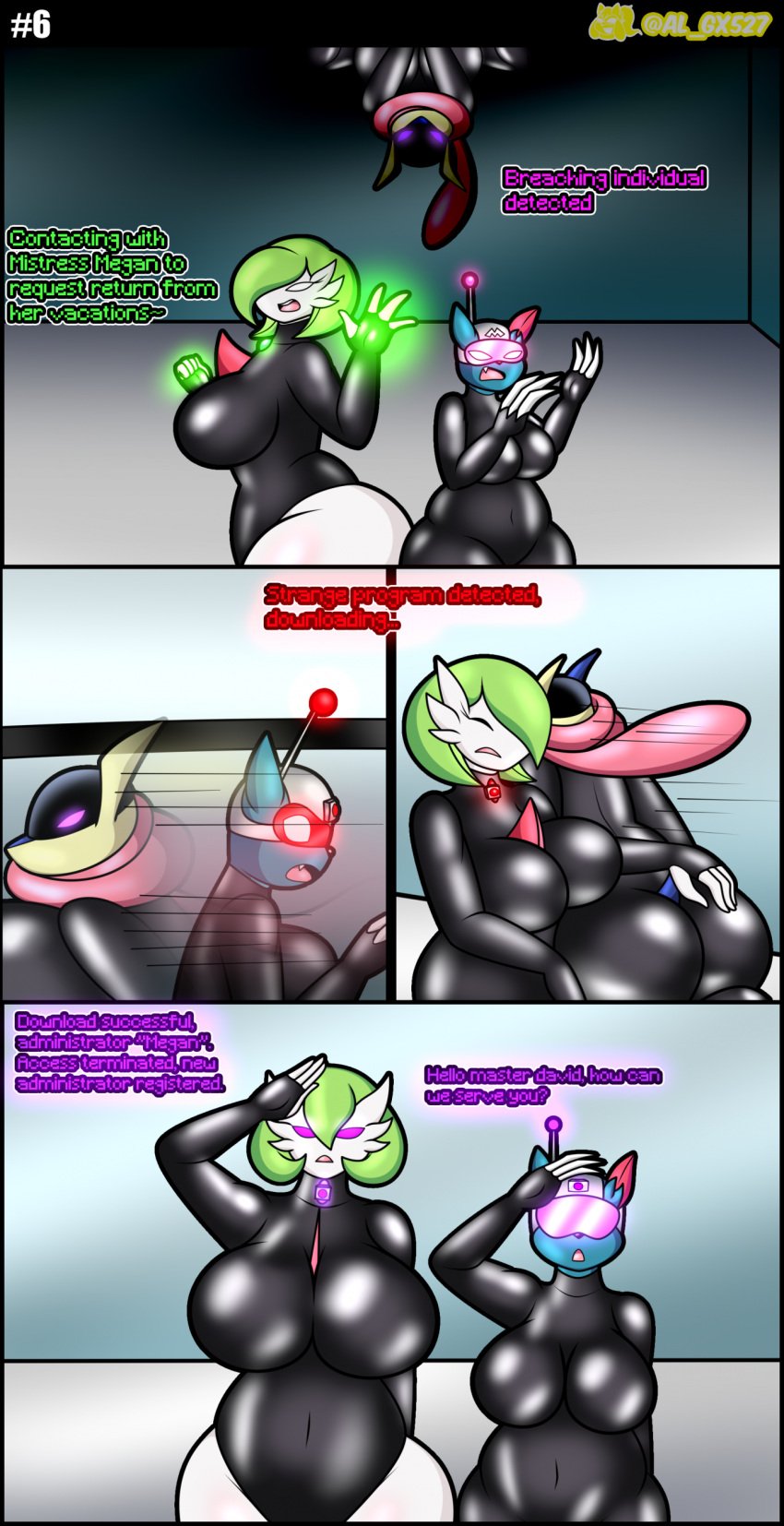 1boy 4girls 4girls1boy al_gx android anthro anthro_only big_ass big_breasts big_butt brainwashed brainwashing breasts collar commission control_collar dialogue dominant_male drone droneification dronesuit female furry furry_only garchomp gardevoir greninja hacking helmet helmet_over_eyes helmet_with_visor latex latex_suit lycanroc male/female mind_control part_of_a_set part_of_comic pokemon pokemon_(species) reprogramming salute saluting screen screen_face skinsuit sneasel thick_thighs visor