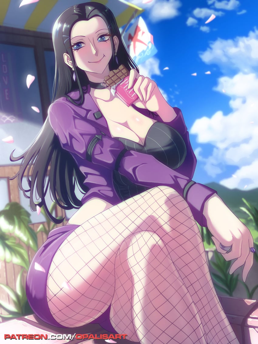 1girls big_breasts black_hair blue_eyes blush chocolate clothed clothing color eating female female_focus female_only fishnets hi_res large_breasts light-skinned_female light_skin long_hair looking_at_viewer nico_robin one_piece opalisart post-timeskip shounen_jump sitting solo solo_female tagme thick_thighs valentine's_day