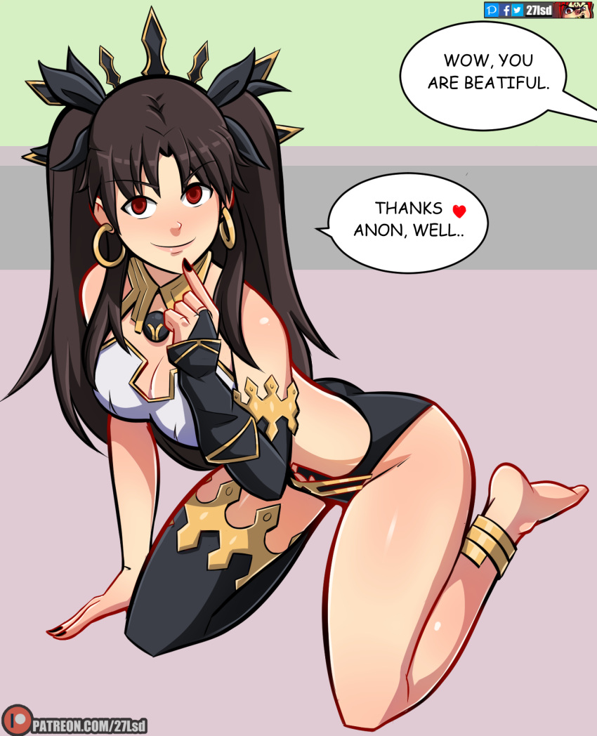 1girls 27lsd asymmetrical_legwear bare_shoulders barefoot fate/grand_order fate_(series) female ishtar_(fate) nail_polish suggestive_gesture tagme text