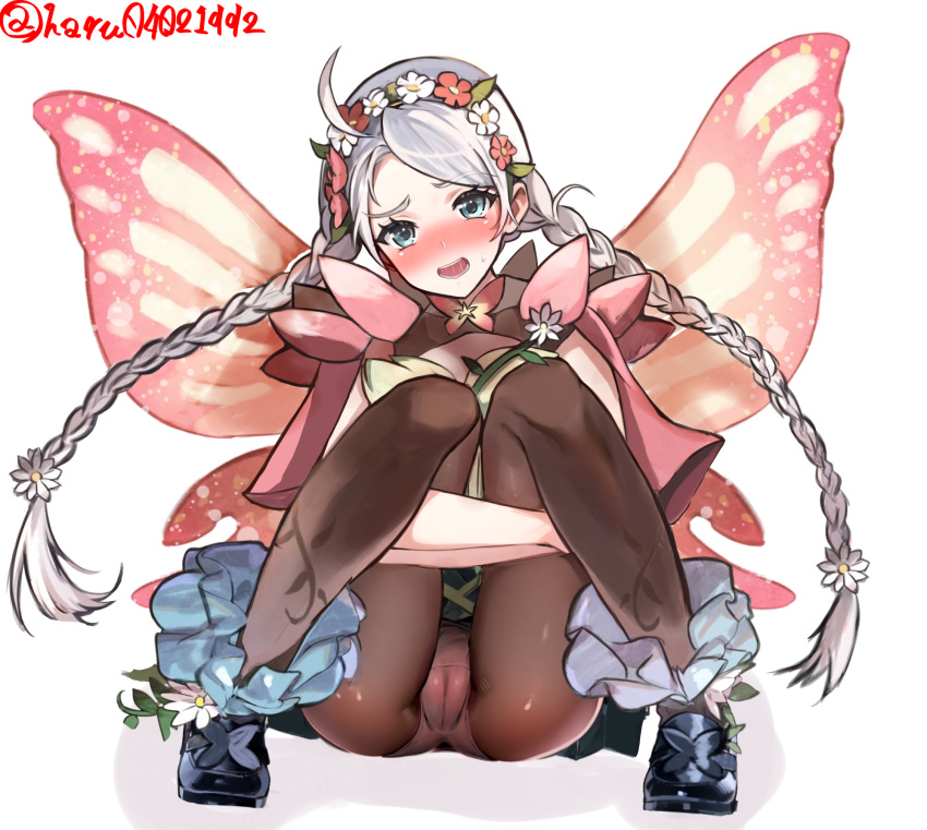 1girls alternate_costume ass blue_eyes blue_footwear blush boots braid brown_pantyhose butterfly_wings cameltoe capelet commission fairy_wings female female_only fire_emblem fire_emblem_fates fire_emblem_heroes flower gradient_clothes hair_flower hair_ornament hair_vines hairband harutan_(haru04021992/ufnn8842) highres hugging_own_legs insect_wings light-skinned_female light_skin long_hair looking_at_viewer low_twin_braids nina_(fire_emblem) nina_(resplendent)_(fire_emblem) nintendo non-web_source official_alternate_costume panties panties_under_pantyhose pantyhose pantyshot partially_visible_vulva pink_capelet pink_flower pink_panties pussy skeb_commission solo speech_bubble steamy_pussy sweat twin_braids underwear upskirt vine_harness vine_print white_flower white_hair wings