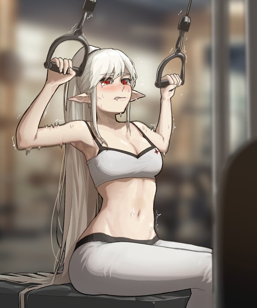 arms_up belly_button big_breasts blush elf_ears gogalking gym insact leggings long_hair red_eyes slim_waist sports_bra sportswear thick_thighs training vampire_(gogalking) wet_body wet_skin white_hair