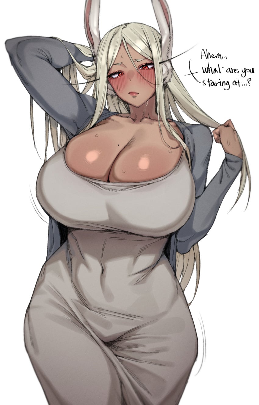 1girls animal_ears artist_request big_breasts blush breasts bunny_ears cleavage covered_navel curvy dark_skin dress english_text huge_breasts long_hair looking_at_viewer miruko my_hero_academia red_eyes solo sweat tagme thighs