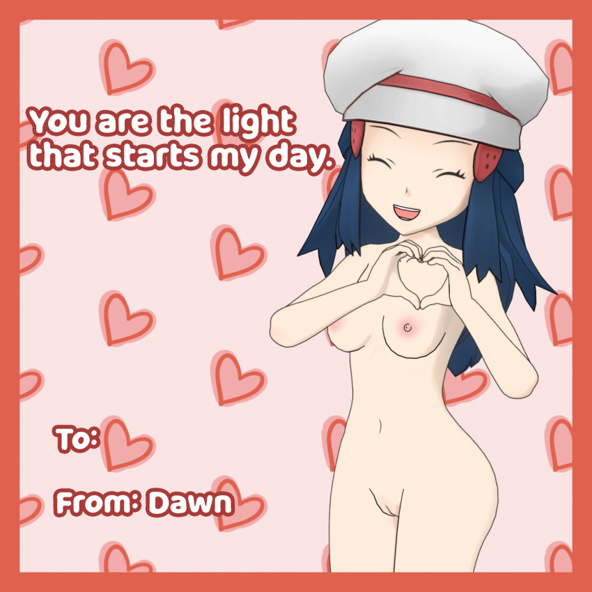 1girls 2024 blue_hair closed_eyes dawn_(pokemon) female heart_hands looking_at_viewer message naked naked_female nude nude_female palentine's_day_dawn pokemon pokemon_dppt pokemon_masters pokemon_masters_ex pose posing saucemon7 solo solo_female solo_focus text valentine's_day valentines_day_card