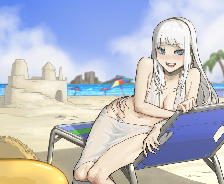 beach belly_button big_breasts bikini blue_eyes blunt_bangs blush embarrassed embarrassed_female female francisca_(gogalking) gogalking insact leaning_forward long_hair seaside slim_waist smile smiling teenager thick_thighs towel_around_waist white_hair wide_hips