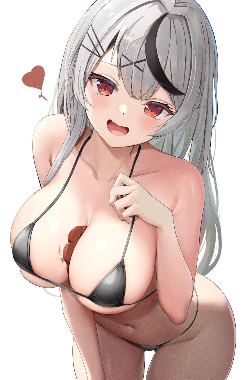 bean_mouth bean_smile bent_over bikini chocolate cute cute_fang grainy heart hololive hololive_japan holox huge_breasts leaning_forward naughty_smile neoteny object_between_breasts pulling_bikini_string sakamata_chloe seductive seductive_look seductive_smile valentine's_day virtual_youtuber