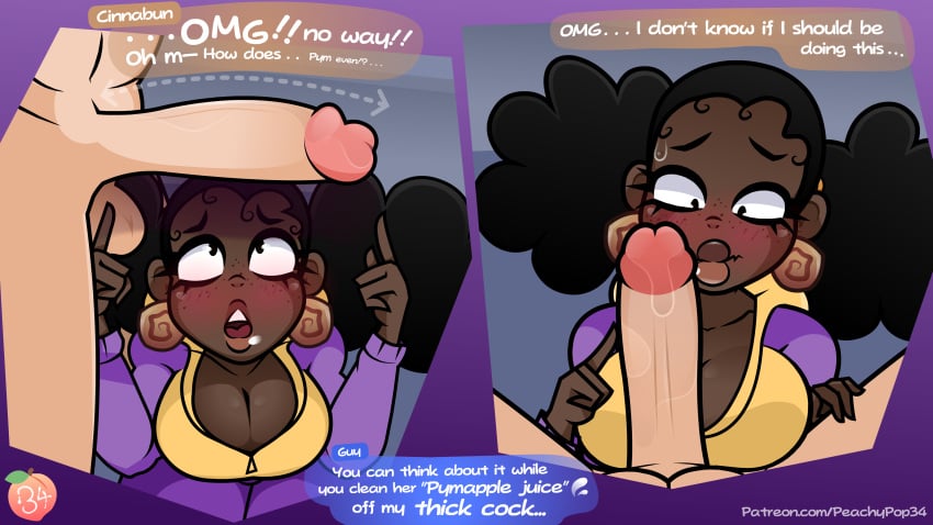 1female 1girls balls big_breasts big_penis black_hair blush blushing breasts cinnabun_(peachypop34) cleavage curly_hair dark-skinned_female dark_skin earrings eyelashes female freckles huge_penis imminent_oral interracial large_breasts light-skinned_male lips looking_at_penis male male/female measuring measuring_penis measuring_with_hands nervous open_mouth peachypop34 penis penis_awe pigtails straight text thick_lips tied_hair uncensored very_dark_skin wavy_mouth