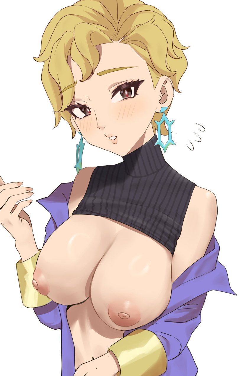 1girls absurd_res absurdres areolae bare_breasts bare_midriff bare_shoulders belly belly_button blonde_hair blush blush_lines breasts briar_(pokemon) brown_eyes cleavage earrings etsutsuni female female_focus female_only fingernails fingers hand_up high_resolution highres large_breasts light_skin lips looking_at_viewer navel nipples nude pokemon pokemon_sv short_hair shoulders sideboob simple_background slender_body slender_waist sleveless slim_girl slim_waist solo thick_eyelashes thin_waist turtleneck uncensored uncensored_breasts uncensored_nipples upper_body very_short_hair white_background