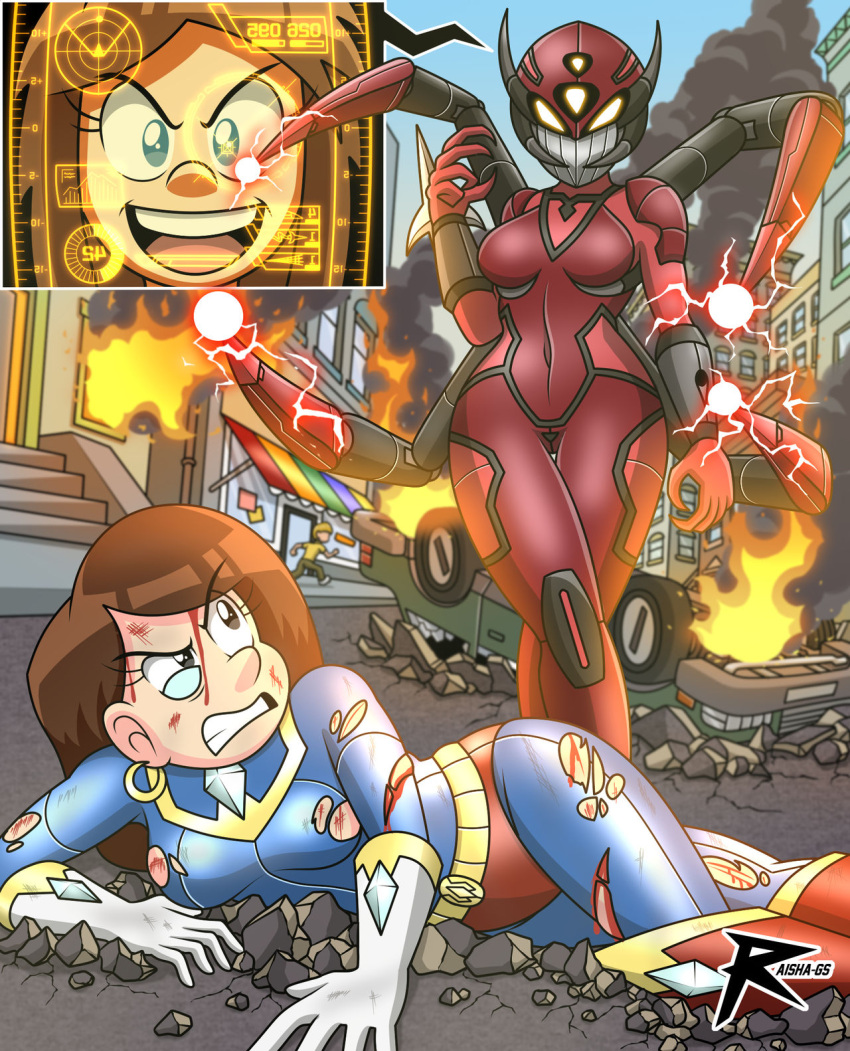 after_fight angry battle bleeding brown_hair crimson_turantula cuts damaged damaged_clothing defeated defeated_heroine destruction heroine lady_ace raishags red_suit superheroine supervillainess the_loud_house tight_suit torn_bodysuit villainess