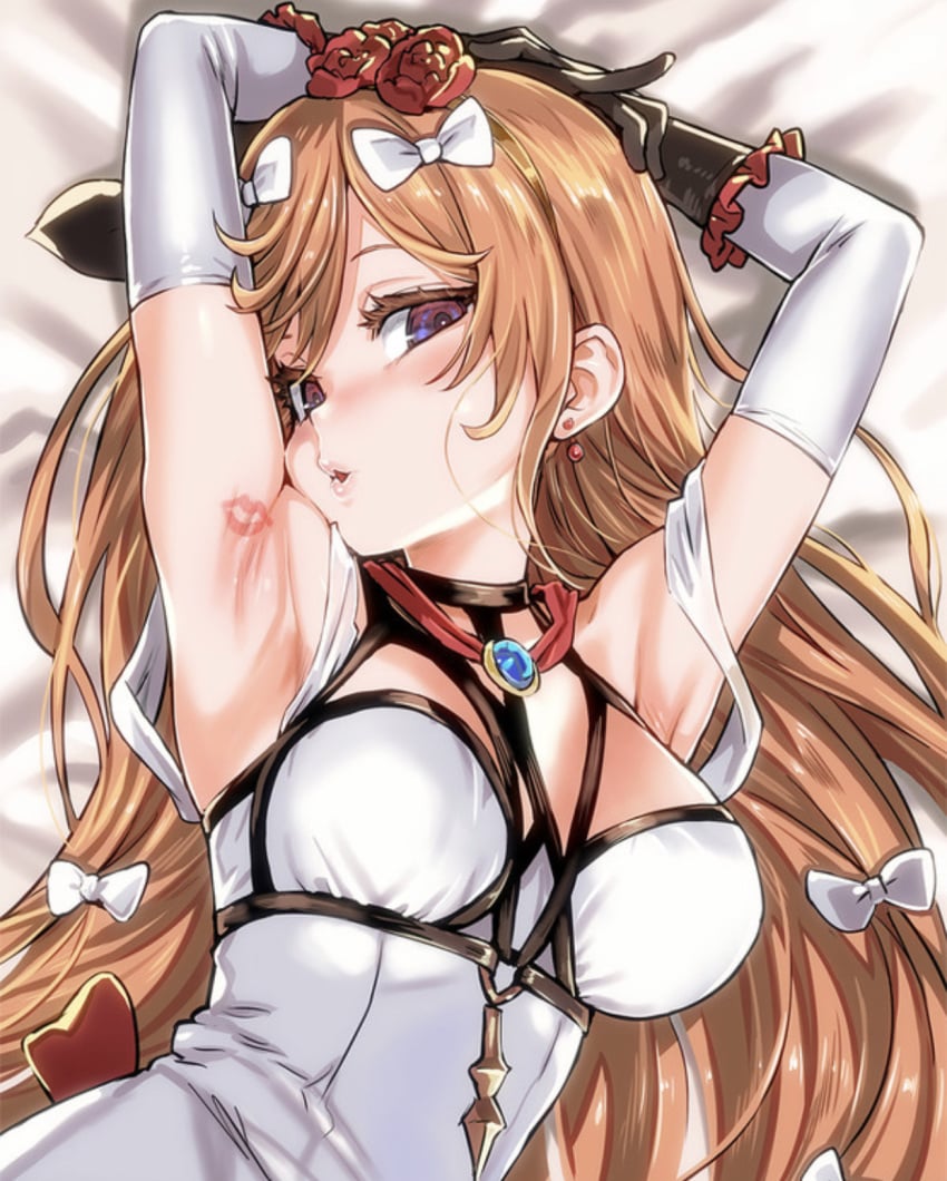 1girls armpit_fetish armpits arms_behind_head arms_up asanagi bed blush breasts clarisse_(granblue_fantasy) female female_only gradient_eyes granblue_fantasy hair_ornament hairbow lipstick_mark looking_at_viewer orange_hair