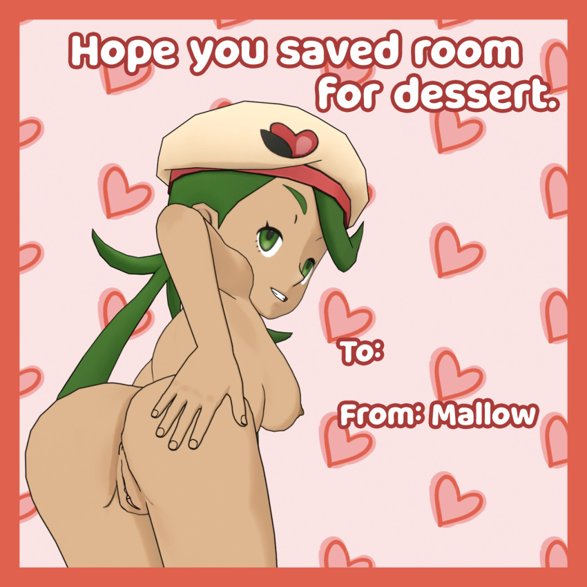 1girls 2024 ass ass_focus ass_grab female green_eyes green_hair looking_at_viewer mallow_(pokemon) message naked naked_female nude nude_female palentine's_day_mallow_(pokemon_masters) pokemon pokemon_masters pokemon_masters_ex pokemon_sm pose posing pussy saucemon7 solo solo_female solo_focus text twintails vagina valentine's_day valentines_day_card