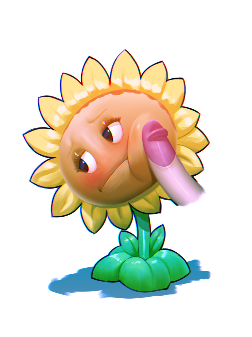 3:4 anthro balls blush bodily_fluids digital_media_(artwork) duo electronic_arts elemental_creature erection female flora_fauna flower flower_creature genitals hi_res kranson not_furry nude penis plant plants_vs._zombies popcap_games simple_background sunflower sunflower_(pvz) widescreen