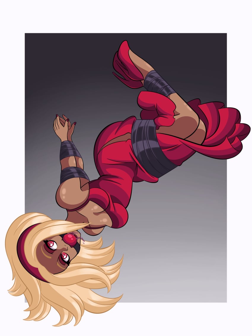 ball_gag blonde_hair bondage bondage coffeebearcaffe dark-skinned_female drooling gag gagged gravity_rush hairband heels kat_(gravity_rush) makeup red_dress tape tape_bondage taped_arms taped_legs