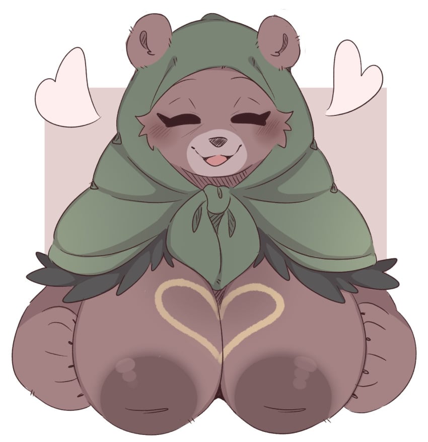 1girls anotherbearsimp anthro areolae bear big_breasts blush brown_fur closed_eyes female female_only fur furry heart hi_res hood inverted_nipples large_areolae mama_mellow_(anotherbearsimp) smiling solo three-quarter_portrait ursid ursine