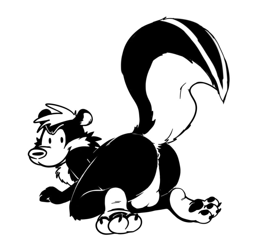 anthro anus ass backsack balls black_and_white campa genitals hybrid male male_only mammal mephitid monochrome paws presenting presenting_anus presenting_hindquarters raised_tail skunk skunk-bear solo toony ursid