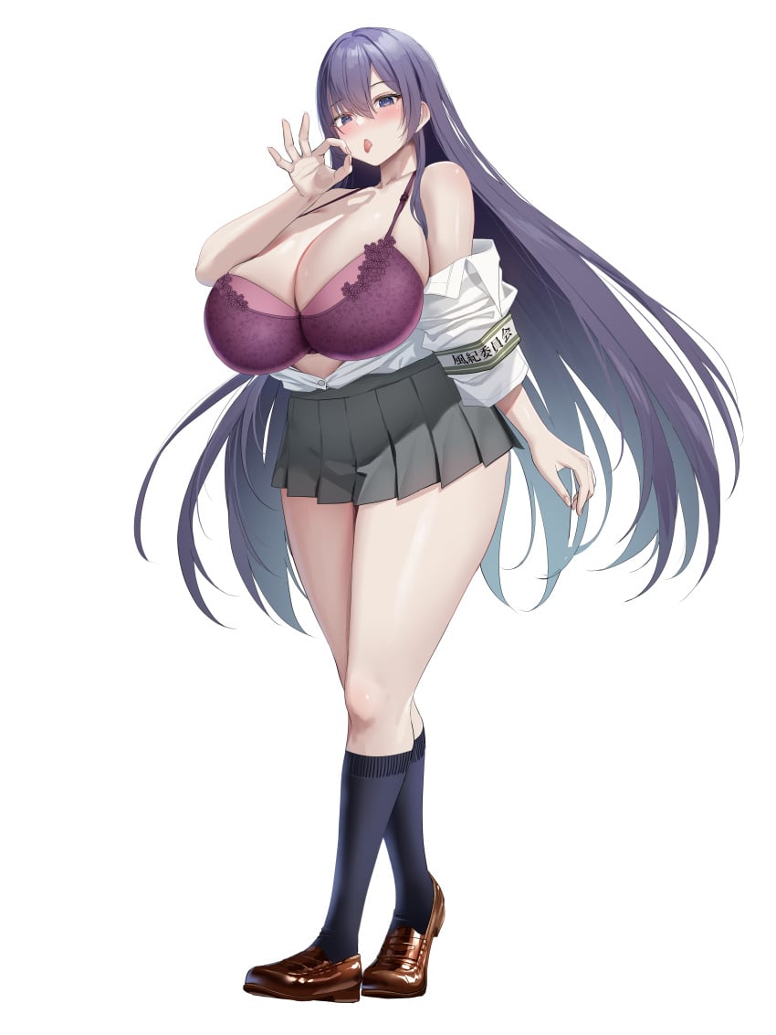 1girls 4k armband big_ass big_breasts big_butt black_hair black_hair_female bra clothing fellatio_gesture female female_only full_body hi_res highres inviting japanese_text lingerie long_hair looking_at_viewer oekakizuki off-shoulder_shirt off_shoulder original purple_eyes purple_hair romance school_uniform schoolgirl shirt simple_background skirt solo standing tagme text thick_thighs thighs translated underwear very_long_hair white_background