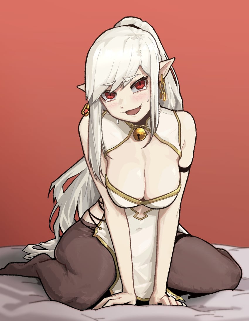 big_breasts blush chinese_clothes chinese_dress cute_fang elf_ears female gogalking insact leaning_forward pantyhose pointy_ears red_eyes smiling spread_legs thick_thighs vampire_(gogalking) white_hair