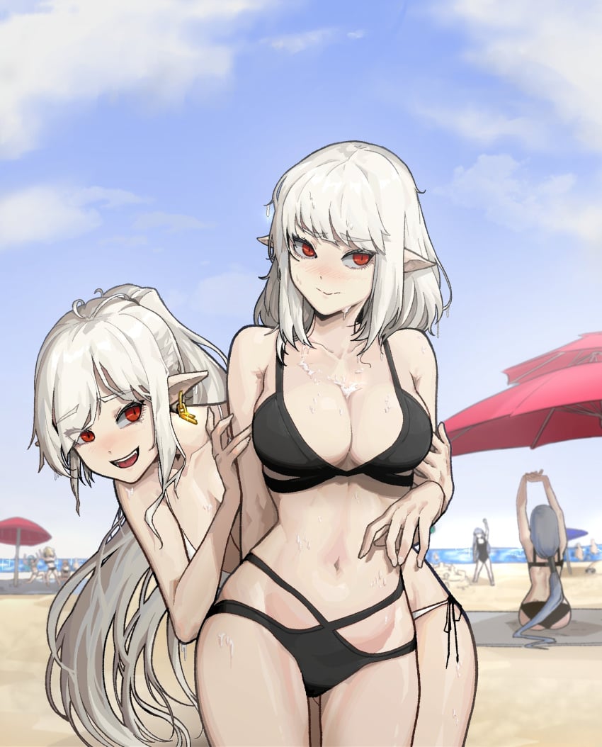 2girls beach belly_button big_breasts bikini blush elf_ears embarrassed embarrassed_female gogalking insact long_hair red_eyes seaside slim_waist smile smiling swimsuit vampire_(gogalking) white_hair wide_hips