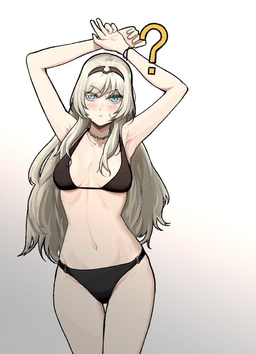 arms_up belly_button bikini blue_eyes blush bra confused confused_look embarrassed embarrassed_female female girls'_frontline gogalking insact long_hair looking_at_viewer panties question_mark slim_waist small_breasts swimsuit white_hair wide_hips