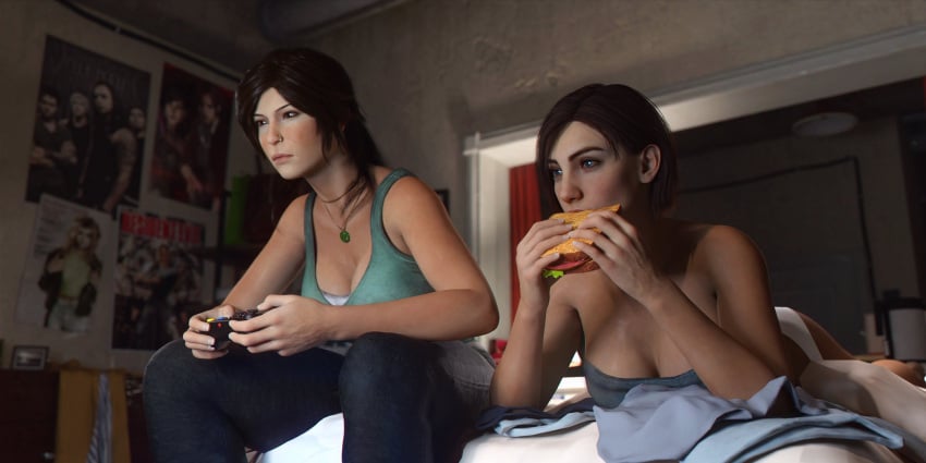 2girls 3d 3d_(artwork) bed bedroom blue_topwear bob_cut capcom cleavage clothed clothed_female clothing console controller crossover denim discarded_clothing eastern_and_western_character eating eating_food female female_only gaming gaming_controller glistening_eyes jeans jill_valentine jill_valentine_(julia_voth) lara_croft lara_croft_(survivor) light-skinned_female lying_on_bed no_pants panties playing_videogame ponytail poster_(object) reflective_eyes resident_evil resident_evil_3 resident_evil_3_remake sandwich sandwich_(food) sitting_on_bed sparkling_eyes tank_top tomb_raider tomb_raider_(survivor) tubetop white_panties word2