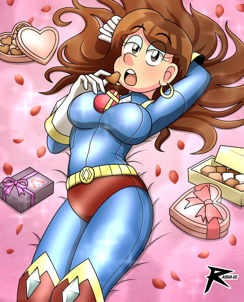 amanda_bright breasts brown_hair chocolate_on_breasts chocolates flight_suit half-closed_eyes lady_ace laying_down looking_at_viewer original_character pose posing posing_for_the_viewer raishags superheroine the_loud_house tight_suit valentine's_day