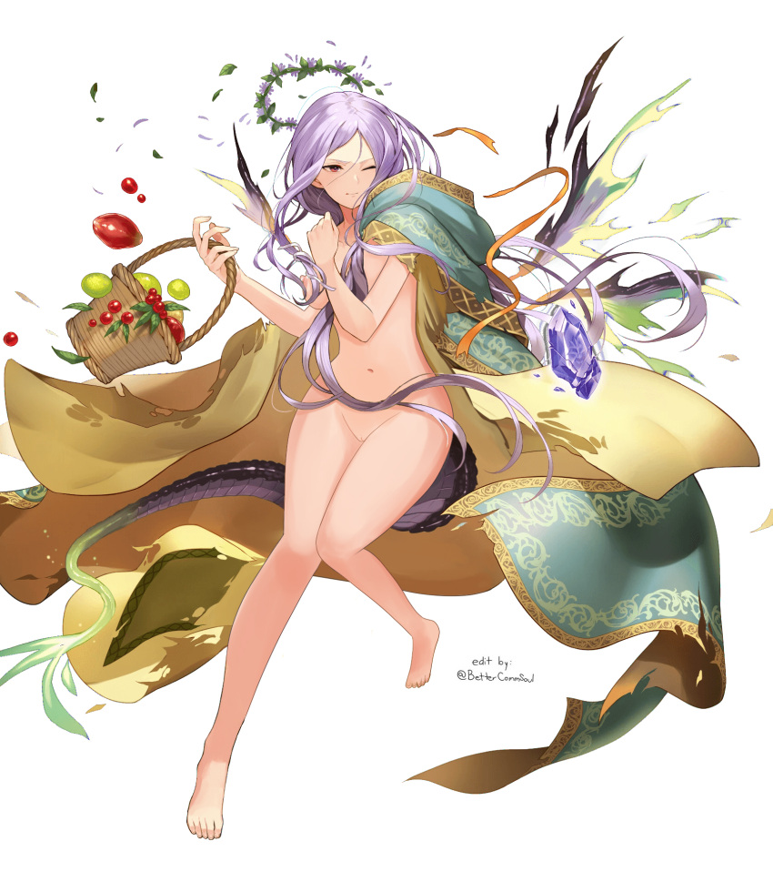 1girls alternate_costume alternate_hairstyle angry bare_arms bare_legs bare_shoulders barefoot basket bettercommsoul braided_ponytail breasts broken broken_weapon cape collarbone completely_nude edit edited_official_artwork female female_only fire_emblem fire_emblem:_the_binding_blade fire_emblem_heroes flower frown fruit full_body hair_flower hair_over_shoulder head_wreath idunn_(fire_emblem) idunn_(spring)_(fire_emblem) legs long_hair magic medium_breasts naked_cape nintendo nipples nude nude_female nude_filter official_alternate_costume official_alternate_hairstyle one_eye_closed pointy_ears ponytail purple_hair pussy red_eyes shoulders solo stone torn_clothes very_long_hair weapon white_background