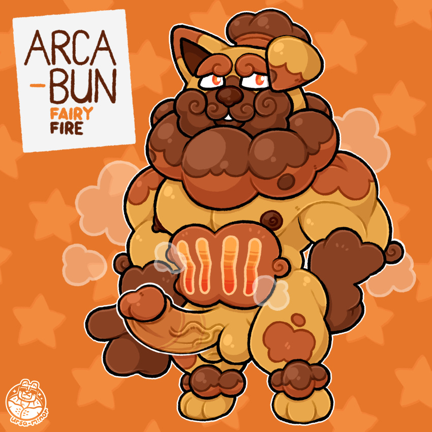 absurd_res anthro arcanine balls beard canid canine dachsbun erection facial_hair food food_creature fusion generation_1_pokemon generation_9_pokemon genitals hi_res humanoid humanoid_genitalia humanoid_penis hybrid male mammal nintendo nipples nude open_mouth pecs penis pokemon pokemon_(species) pokemon_fusion simple_background smile solo ursa-m1nor