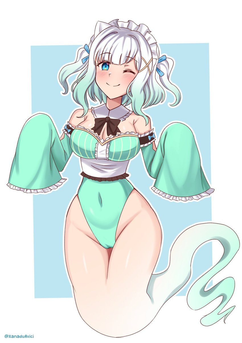 1girls bare_arms bare_hips bare_shoulders belly_button belly_button_visible_through_clothing big_breasts blue_eyes blush camel_toe cameltoe cleavage closed_eye detached_sleeves exposed_shoulders exposed_thighs eye_closed ghost_girl ghost_tail gradient_hair green_hair hi_res highres hips indie_virtual_youtuber looking_at_viewer maid maid_headdress maid_mint maid_uniform mint_fantome navel navel_visible_through_clothes one_eye_closed smile smiling solo solo_female solo_focus thighs twintails virtual_youtuber white_hair wink winking_at_viewer xanadu_avici xanaduavici