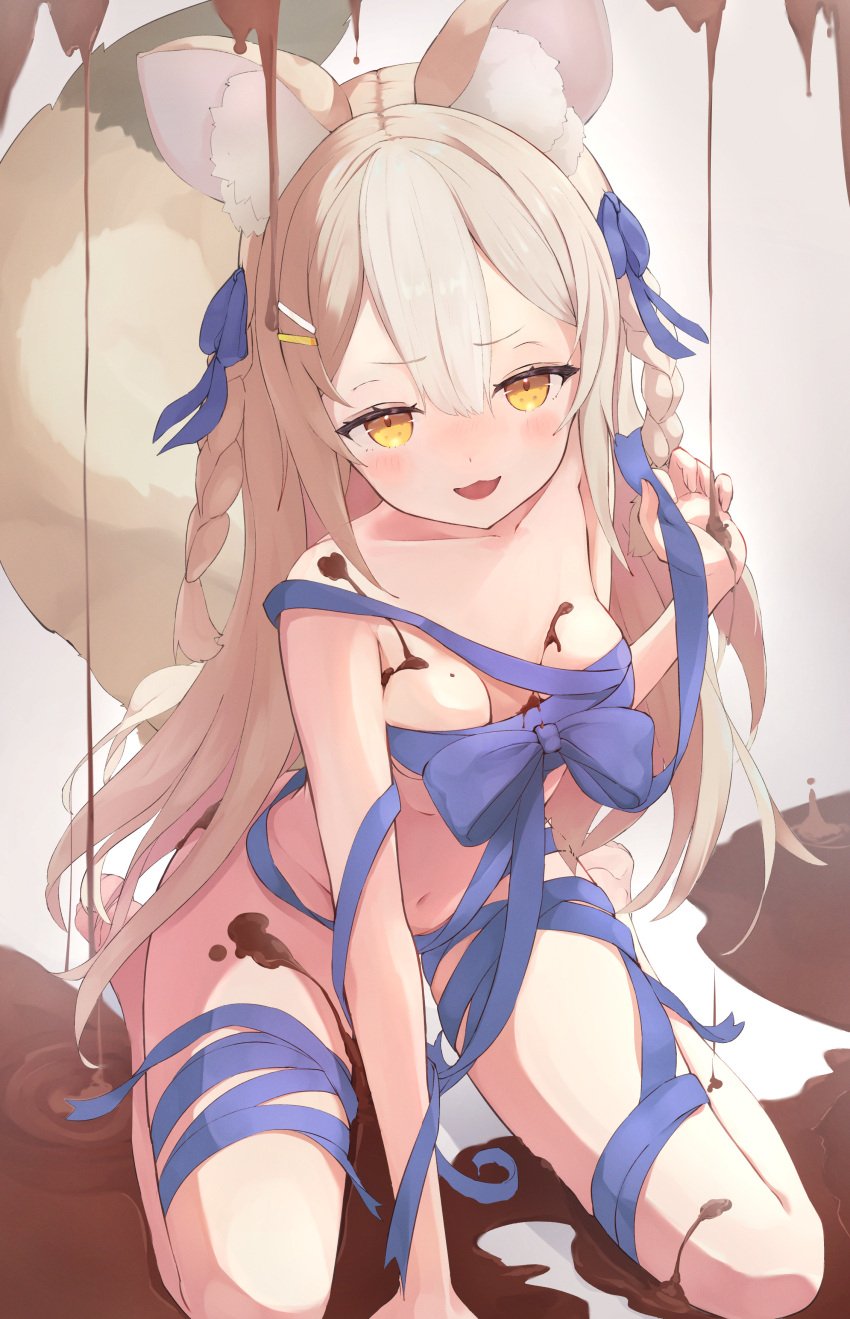 1girls amemochi_nina animal_ears blonde_hair blush breasts chocolate chocolate_on_body eyebrows_visible_through_hair female female_only fox_ears fox_girl hair_between_eyes indie_virtual_youtuber light-skinned_female light_skin looking_at_viewer seductive small_breasts solo ushimilky virtual_youtuber wrapped wrappings yellow_eyes