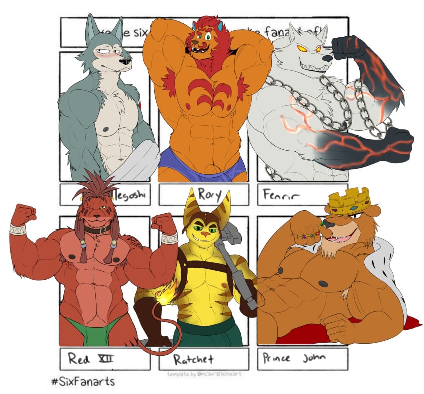 5_fingers 6boys abs animal_crossing anthro armpit_hair bara barely_visible_genitalia barely_visible_penis beastars black_nose blue_clothing blue_underwear blush body_hair bracelet brown_eyes brown_gloves canine cape chains claws clenched_teeth clothed clothing collar crossover disney ear_piercing ear_ring feline fenrir_(smite) final_fantasy final_fantasy_vii fingers fur furry gloves glowing glowing_eyes green_clothing green_eyes green_underwear grey_body grey_fur group hair hands_behind_head handwear hi_res holding_object holding_tool intimatewolf jewelry legoshi_(beastars) lion lombax looking_at_viewer lying male male_only mammal meme muscular muscular_male nintendo nipples one_eye_closed open_mouth orange_body orange_fur pantherine pecs penis penis_base piercing prince_john ratchet_(ratchet_and_clank) ratchet_and_clank red_body red_fur red_hair red_xiii ring robin_hood_(disney) rory_(animal_crossing) sharp_teeth six_fanarts_challenge square_enix teeth tools topless underwear video_games white_body white_fur wolf