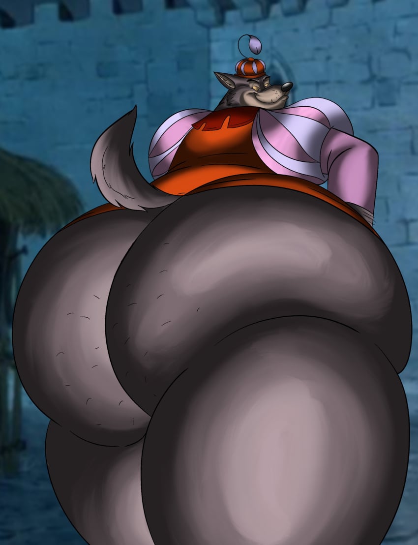 anthro ass big_butt butt_focus canid canine canis clothed clothing disney hi_res looking_at_viewer looking_back looking_back_at_viewer male mammal medieval_clothing obese obese_anthro obese_male overweight overweight_anthro overweight_male partially_clothed presenting presenting_hindquarters raised_tail robin_hood_(disney) sheriff_of_nottingham solo sunflower_fox tail teasing teasing_viewer teasing_with_butt thick_thighs wolf