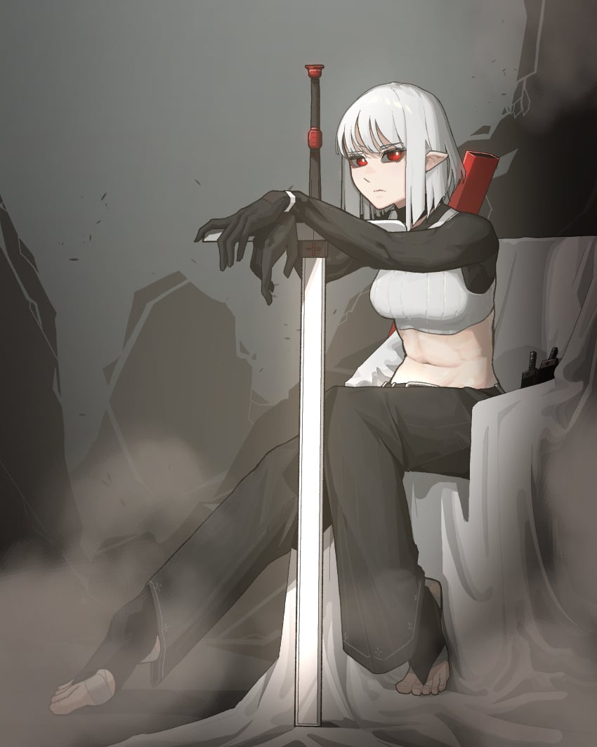 barefoot belly_button big_breasts elf_ears feet gloves gogalking insact leaning_forward long_hair long_sleeves looking_at_viewer red_eyes sitting sitting_on_chair slim_waist sword teenager vampire_(gogalking) white_hair