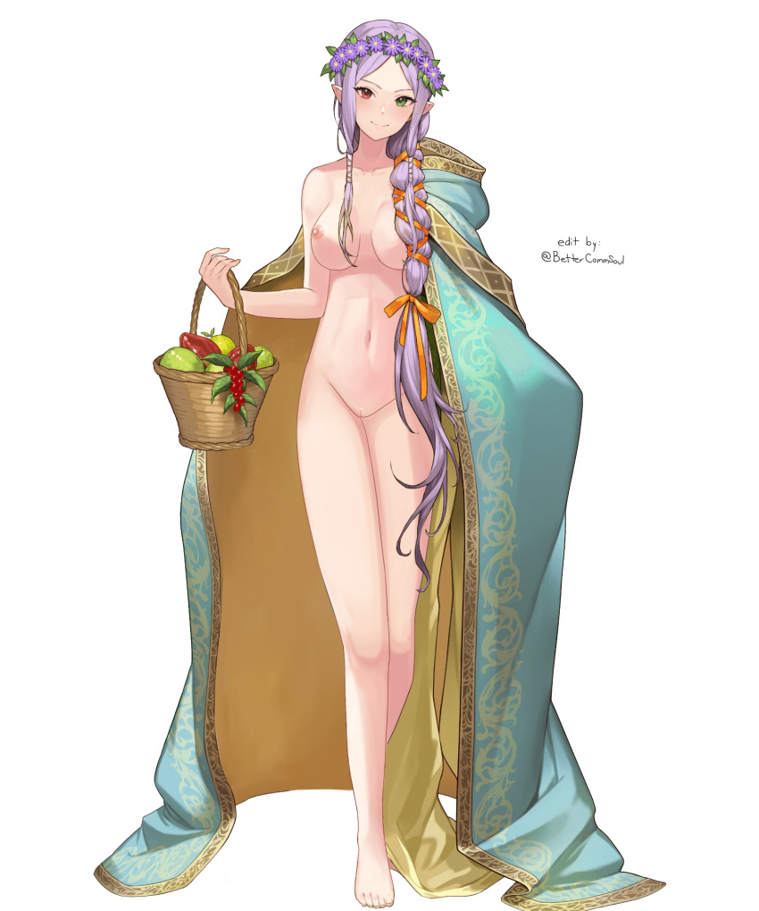 1girls alternate_costume alternate_hairstyle bare_arms bare_legs bare_shoulders barefoot basket bettercommsoul braided_ponytail breasts cape collarbone completely_nude edit edited_official_artwork female female_only fire_emblem fire_emblem:_the_binding_blade fire_emblem_heroes flower fruit full_body green_eyes hair_flower hair_over_shoulder head_wreath heterochromia idunn_(fire_emblem) idunn_(spring)_(fire_emblem) legs long_hair looking_at_viewer medium_breasts naked_cape nintendo nude nude_female nude_filter official_alternate_costume official_alternate_hairstyle pointy_ears ponytail purple_hair pussy red_eyes shoulders smile solo very_long_hair white_background