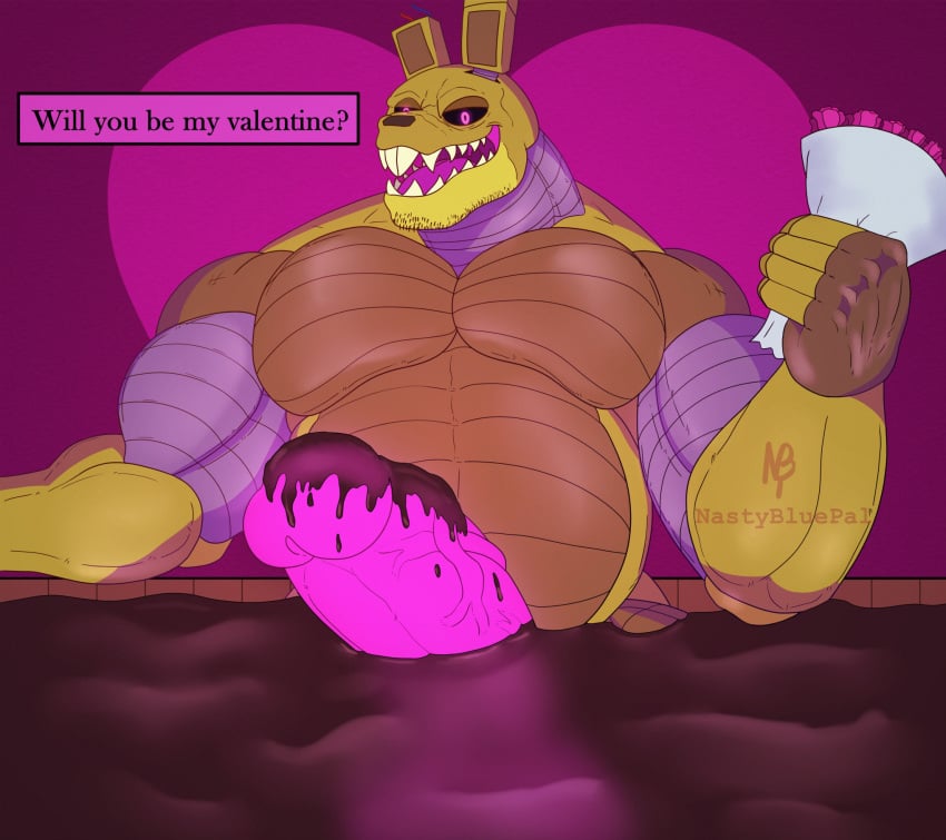 anthro belly candy chocolate chocolate_pool dessert five_nights_at_freddy's five_nights_at_freddy's_3 flower food genitals glowing glowing_genitalia glowing_penis heart_(marking) hi_res holidays male male_only muscular muscular_anthro muscular_male nastybluepal pecs penis plant scottgames sharp_teeth solo springtrap_(fnaf) text valentine's_day