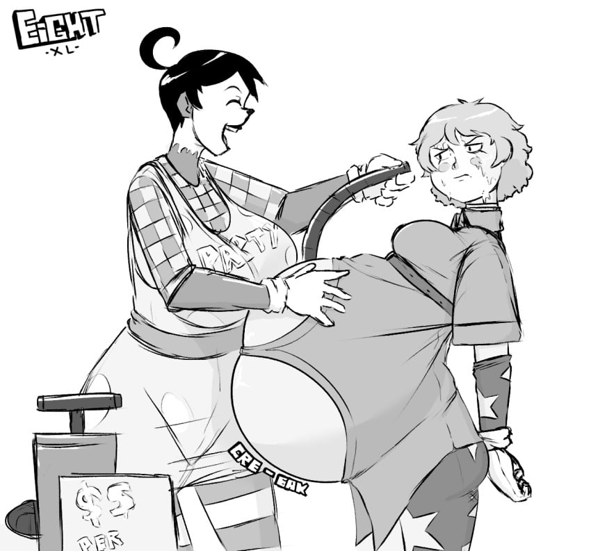 2girls belly big_belly bike_pump clown_makeup eightxl female fizz_(eightxl) hose hose_inflation inflated_belly inflation multiple_girls onomatopoeia tina_(eightxl)