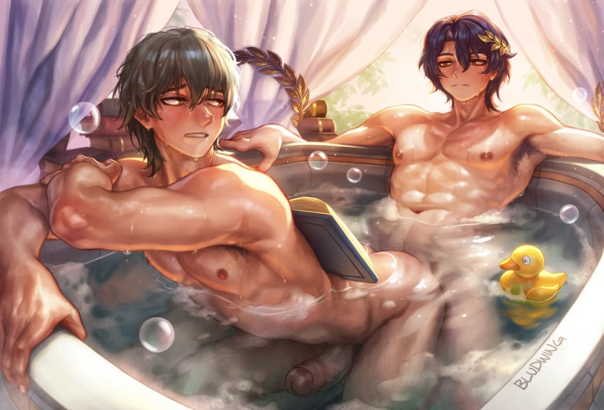 abs armpit_hair armpits bathtub bludwing blue_hair blush book caelus_(honkai:_star_rail) dr._ratio_(honkai:_star_rail) gay gay_sex honkai:_star_rail male_only penis penis_in_ass rubber_duck uncut uncut_penis yaoi