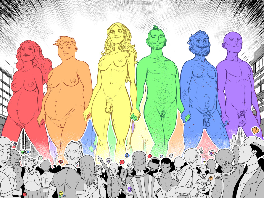 artist_request balls beard body_hair breasts casual clothed_female clothed_male cuntboy facial_hair female flaccid foreskin futanari group holding_hands human intersex labia lineup male nipples nude_female nude_male nudist original pale_skin penis pregnant pregnant_female pride_colors pubic_hair public pussy rainbow source_request standing uncircumcised unretracted_foreskin vagina